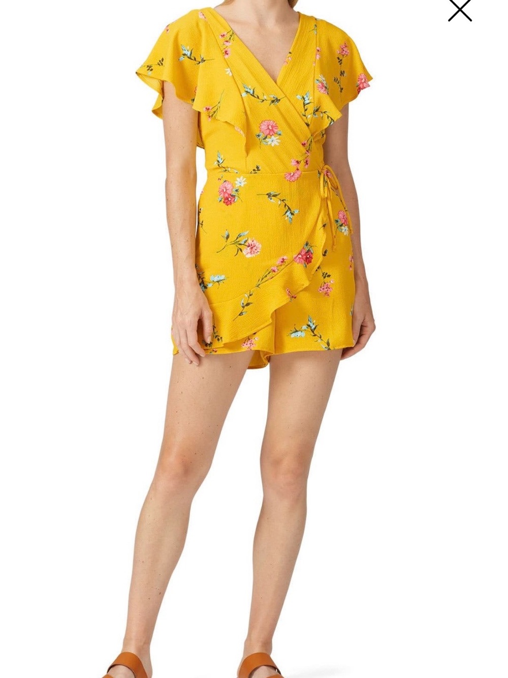 Louna Yellow Floral Wrap Romper with Ruffle Trim Size XL